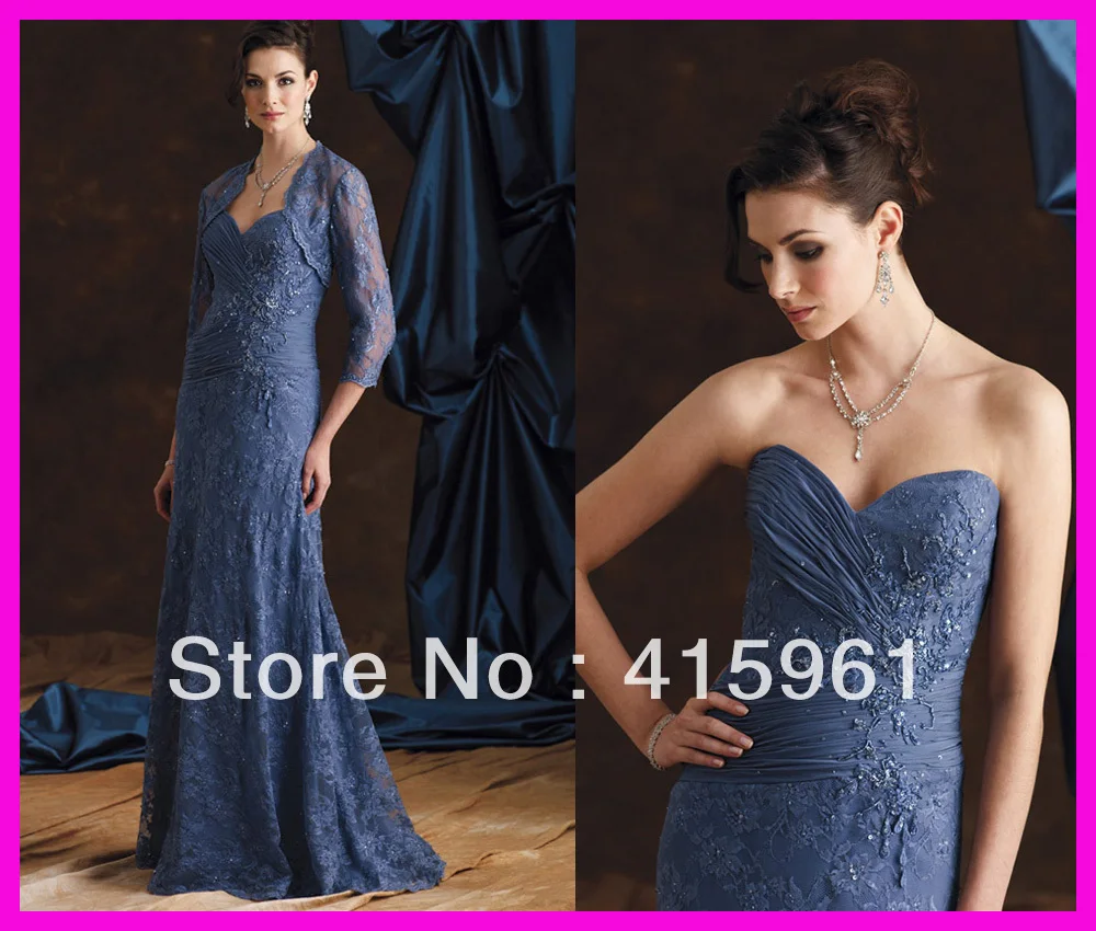 

Luxury Navy Long Beaded Lace Mother of the Bride Dresses Gowns With Jacket M528