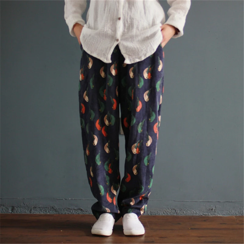 Johnature, женские брюки с принтом птицы, свободные, весна, новые теплые вельветовые повседневные винтажные оригинальные свободные хлопковые льняные женские брюки - Цвет: as picture