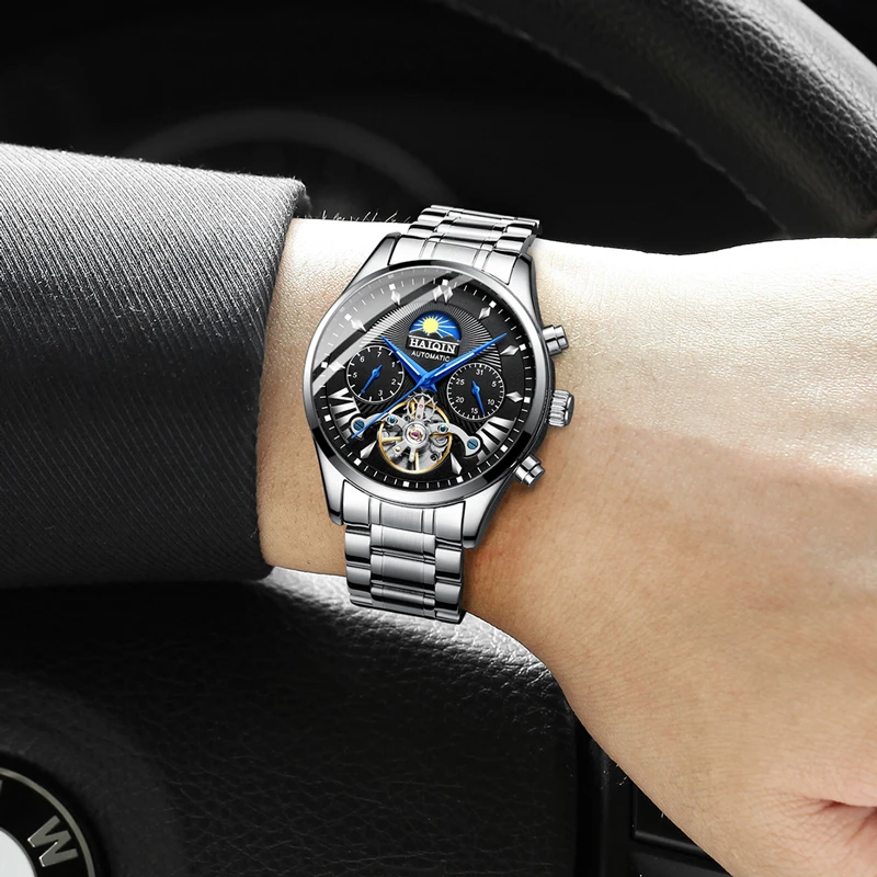 Tanie HAIQIN męskie męskie zegarki top marka luksusowy automatyczny mechaniczny luksusowy zegarek męski zegarek sportowy mężczyzna reloj hombre tourbillon