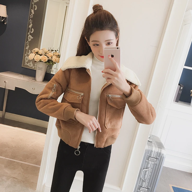 Korean tide lapel Autumn winter wear plus velvet denim jacket coat loose wild coat bomber jacket woman veste femme chaquetas 