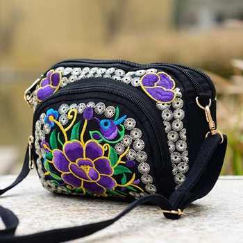 

Vintage Flower Embroidery Women Messenger Bag 3 Zipper Embroider Mini Phone Bag New National Embroidered Ladies Shoulder Bag