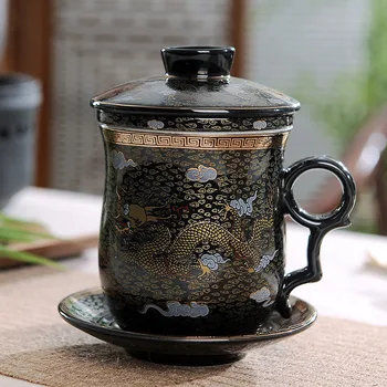 

Jingdezhen Hand Painted Dragon Pattern Ceramic Porcelain Tea Cup with Filter Lid Saucer Kit Drinkware Office Master Water Mugs