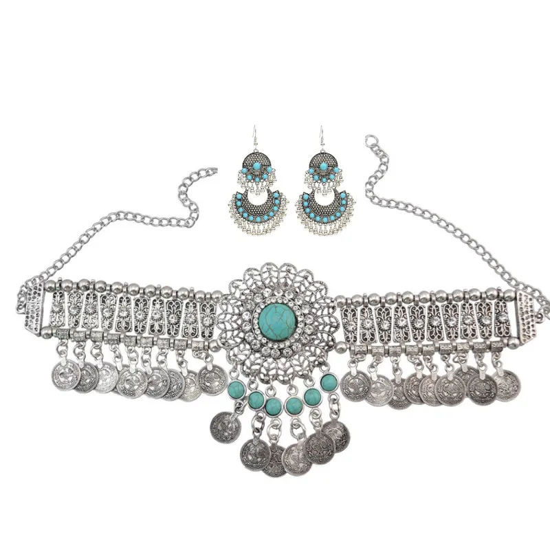 

Turkish Ethnic Bead Drop Jhumka India Big Earrings Choker Neckace For Women Collar Egypt Afghan Gypsy African Tribal Jewelry Set