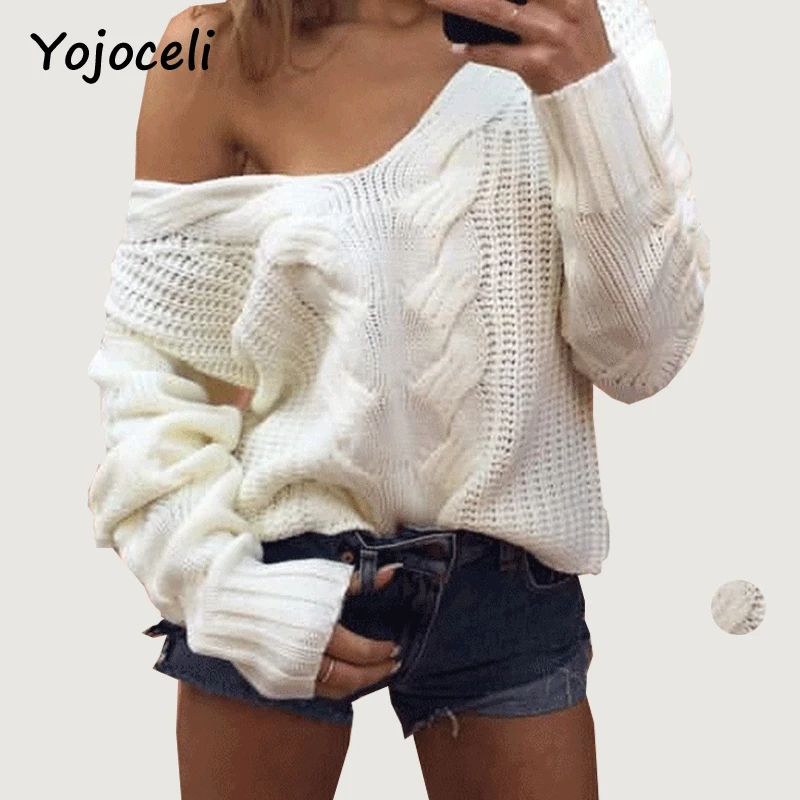 

Yojoceli casual twist knitted sweater women v neck loose sweater pullovers street style white jumper sweater female