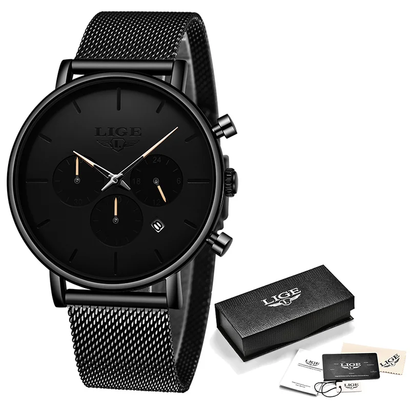 Black Rose Gold Relojes LIGE мужские часы из сетчатой стали, модные брендовые Роскошные спортивные ультра-тонкие кварцевые часы, мужские повседневные водонепроницаемые часы с датой - Цвет: Black Rose Gold