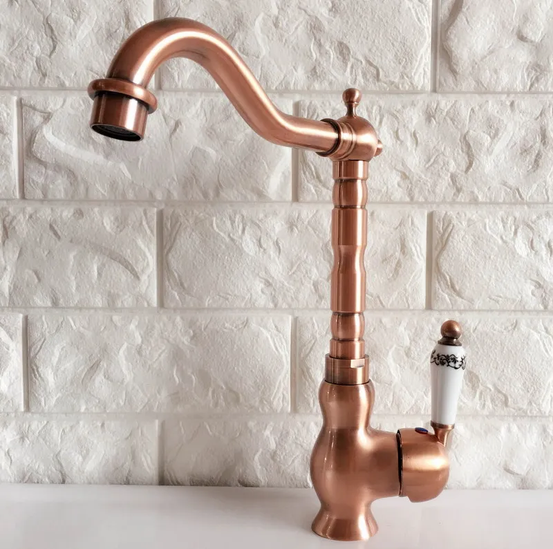 Antique Red Copper Brass Bathroom Kitchen Basin Sink Faucet Mixer Tap Swivel Spout Single Handle One Hole Deck Mounted mnf406