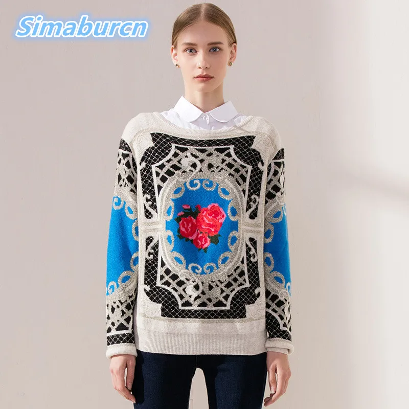 

Spring Autumn Pullovers Sweaters Women High Quality Print Floral Sweaters Europe Fashion Brand Femme Jumper Long Sleeve Sweaters