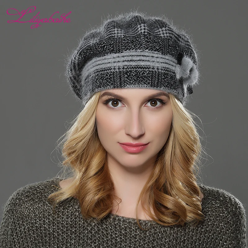 Tanie LILIYABAIHE NEW winterWomen beret hat dzianinowa wełna angora beret klasyczna siatka norki dekoracja kwiatowa czapka podwójna ciepła czapka