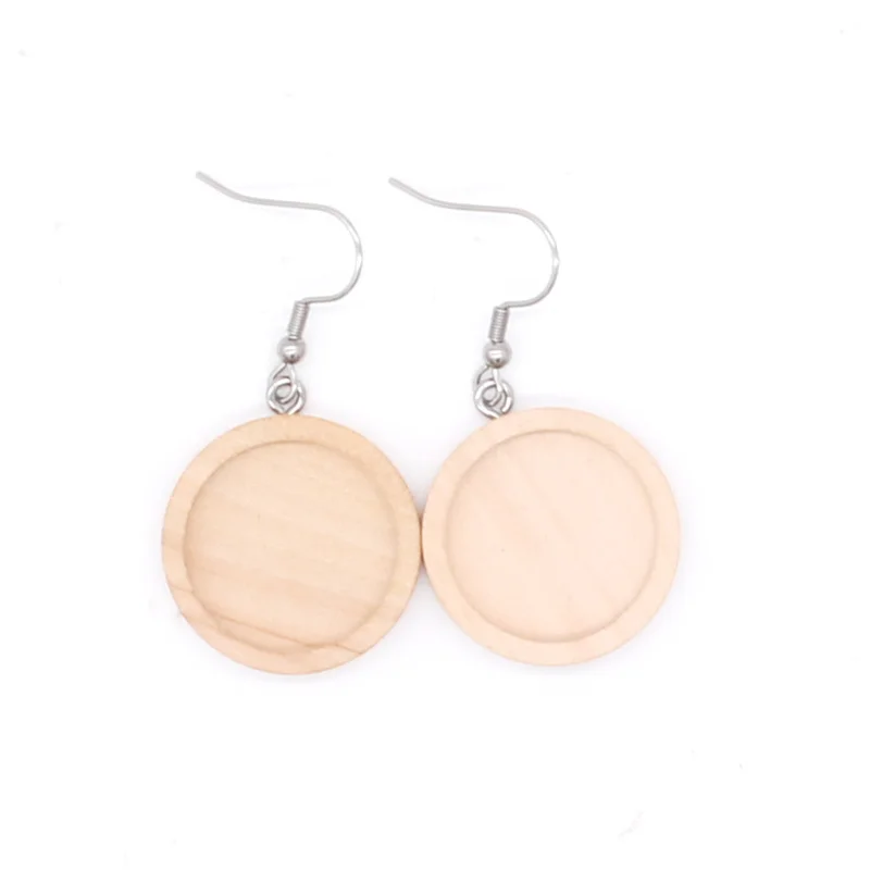 20pcs/lot Brown Fit 20mm Wood Cabochon Earring Base Settings Blank Stainless Steel Hooks Diy Accessories for Making Earrings