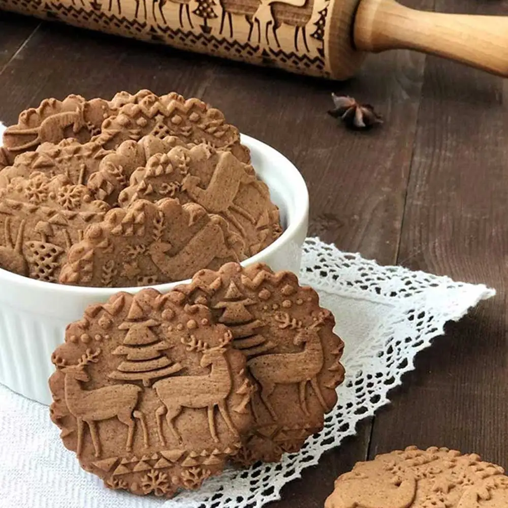 

43*5cm Christmas Embossing Rolling Pin Baking Cookies Noodle Biscuit Fondant Cake Dough Engraved Roller Reindeer Snowflake