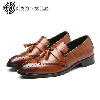 

Wedding Men Dress Shoes Leather Men's Oxford Brogue Shoes Round Toe Men Tassel Business Shoes Male Casual Party Driving Flats