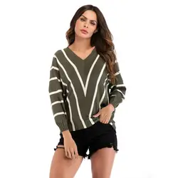 2019 Новый женский полосатый v-образный вырез вязаный свитер осень и зима черный красный хаки женские пуловеры весенний трикотаж Размер M, L, XL