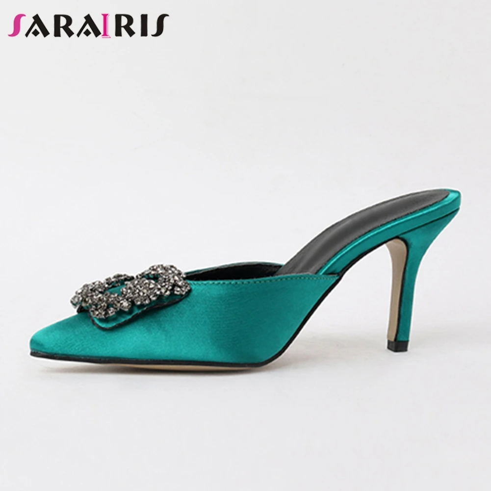 

SARAIRIS 2019 Summer Brand Sexy Satin Mules Women Pointed Toe Casual Footwear slip-on Leather Lining High Heels Shoes Woman