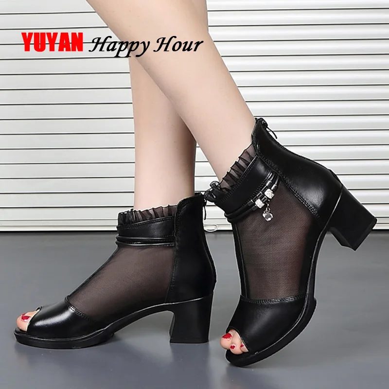 

Genuine Leather High Heel Sandals Women Heeled Shoes Ladies Gauze Peep toe Woman Square Heels Sandals Black Thick Heel 5cm A1172