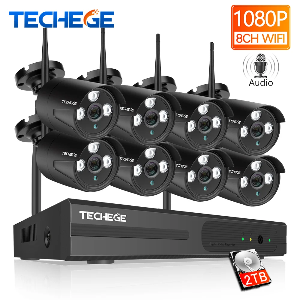  Techege 8CH 1080P Hd Wifi Nvr Kit di Registrazione Audio Cctv Sistema di Telecamere di 2MP Senza Fi