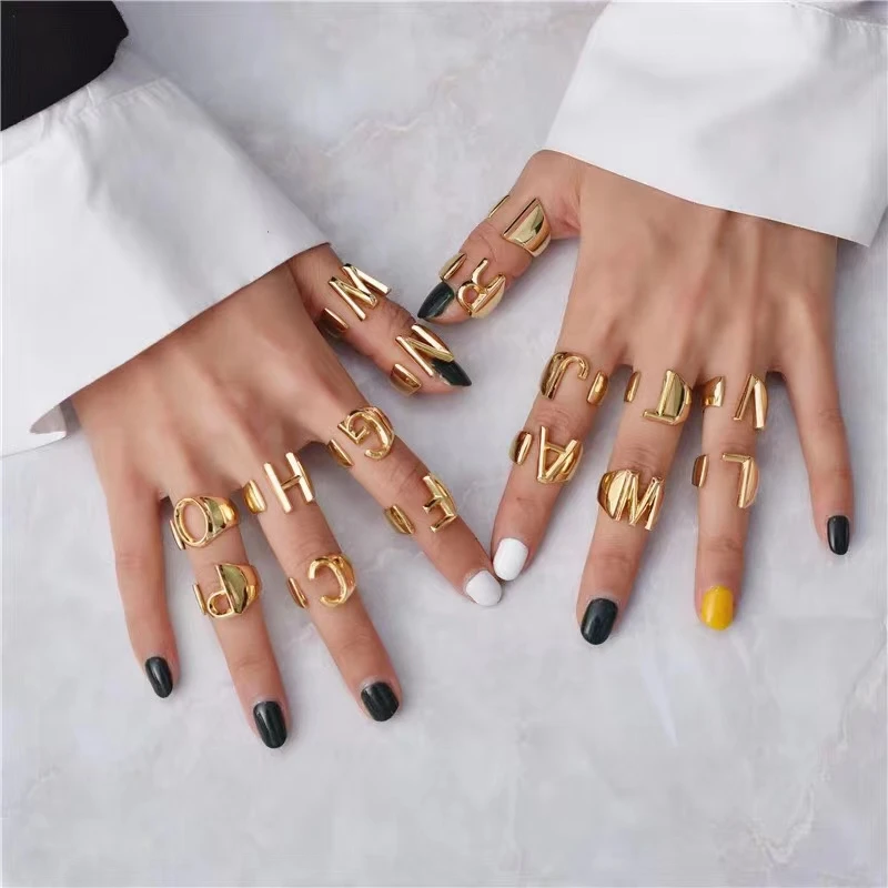 

Rongho Vintage Metal Letter Rings for Women Gold Metal RING Cuff Gothic Jewelry Femme Adjustable Letter Ring Hiphop Bijoux 2019