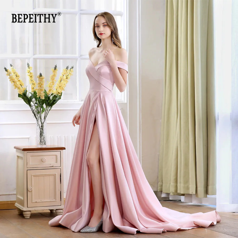 

2019 BEPEITHY Spring Robe De Soiree Pink Off The Shoulder Evening Dresses With High Slit Sexy Long Prom Party Dress Abendkleider