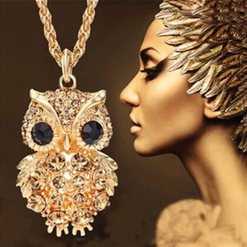 

Lemon Value Fashion Charms Rhinestone Gold Color Owl Pendants Vintage Punk Maxi Crystal Long Necklaces Women Jewelry Gift ZA324