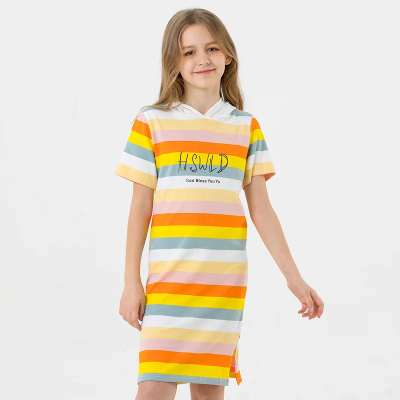 Teen Girls Striped Dress Hit Color Summer A-line Dress Cute Letter 