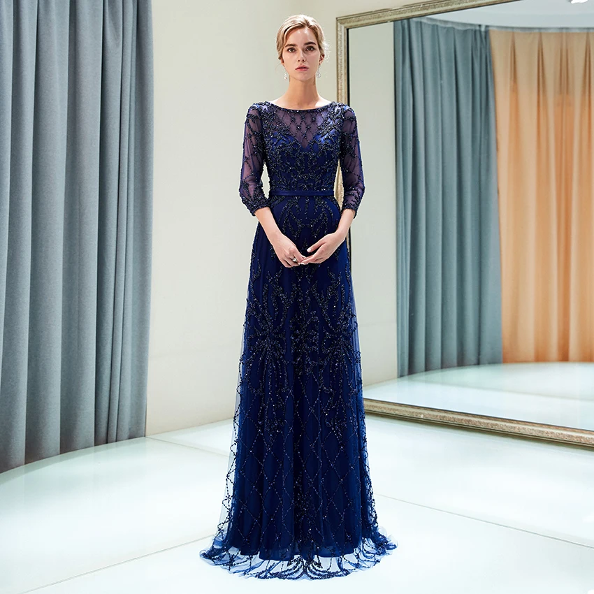 2019 Половина рукава вечерние платья для женщин роскошное платье с бусинами Длинные Формальные Вечеринка платья с камнями