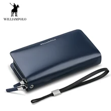 WilliamPOLO New Men Wallet Long Clutch Genuine Leather Credit Card Holder Multi Card Case Coin Phone Purse Double Zipper Handbag
