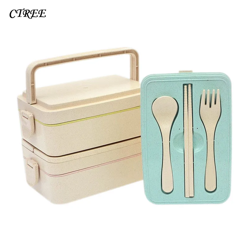 

CTREE 1Pc Portable Lunch Boxes Tableware SetHealthy Wheat Straw Three layers Box Food Container Dinnerware Lunchbox Cutlery C813