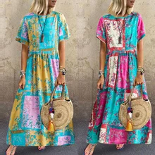 Dress Women Boho Print Shirred Waist Print Casual Female Maxi Dress Vintage Ladies Short Sleeve Beach Long Dress robe femme D30 Dress Women Boho Print Shirred Waist Print Casual Female Maxi Dress Vintage Ladies Short Sleeve Beach Long Dress robe femme D30