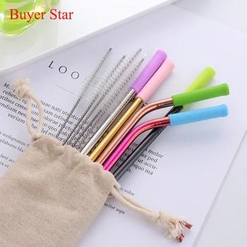 

New Stainless Steel Colorful Straight&Bend Drinking Straw With Silicone Tips And Cleaner Brush Kitchen Bar Accessories