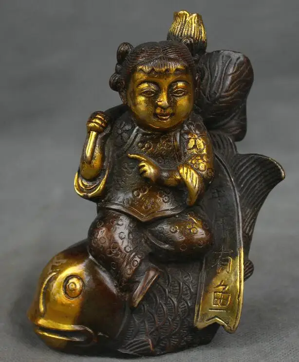 zhmui88002841329++5&quot Marked Old Chinese Bronze Gilt Feng Shui Boy Lad Kid Ride Fish Wealth Statue | Дом и сад