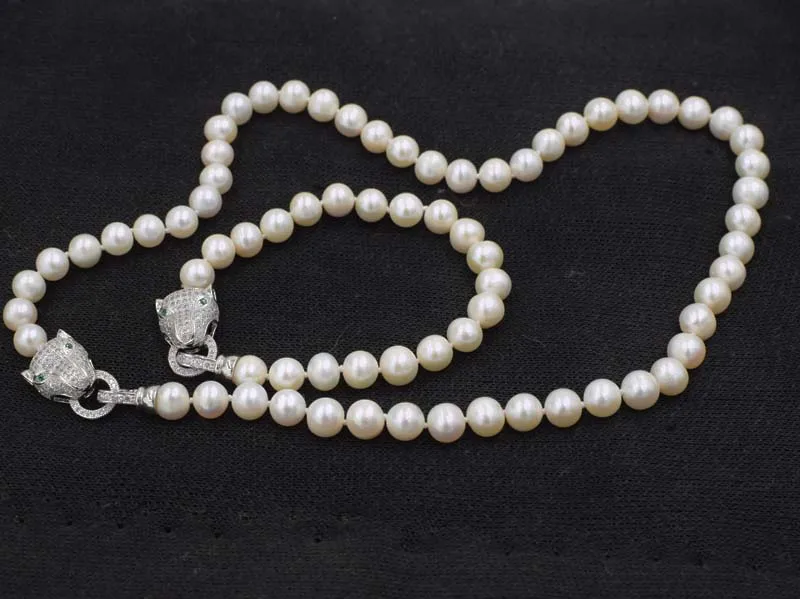 one set freshwater pearl white near round &leuoard clasp necklace bracelet 18inch FPPJ wholesale beads nature