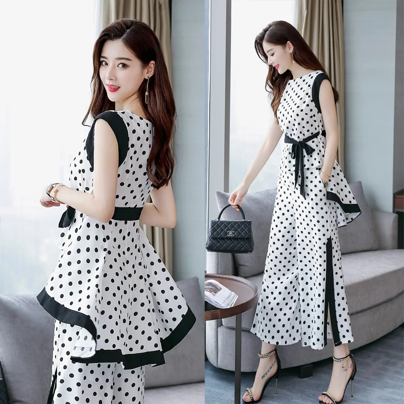

2018 summer fashion women's clothing chiffon ruffles sleeveless sashes bow irregular slited dot printing two-piece women's sets
