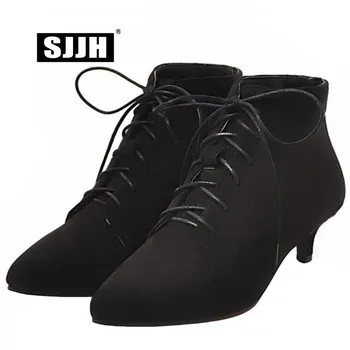 

SJJH Women Flock Ankle Boots with Point Toe Thin Heels Lace-up Short Plush Boots Fashion Casual Formal Shoes Large Size A1034