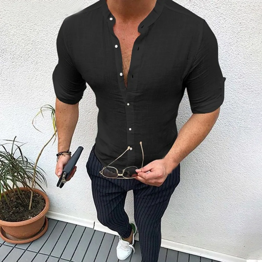 

Harajuku Casual Blouse Men's Summer New Style Fashionable Personality Cotton-linen Pure Long sleeved Top Sport Linen Tops 2019