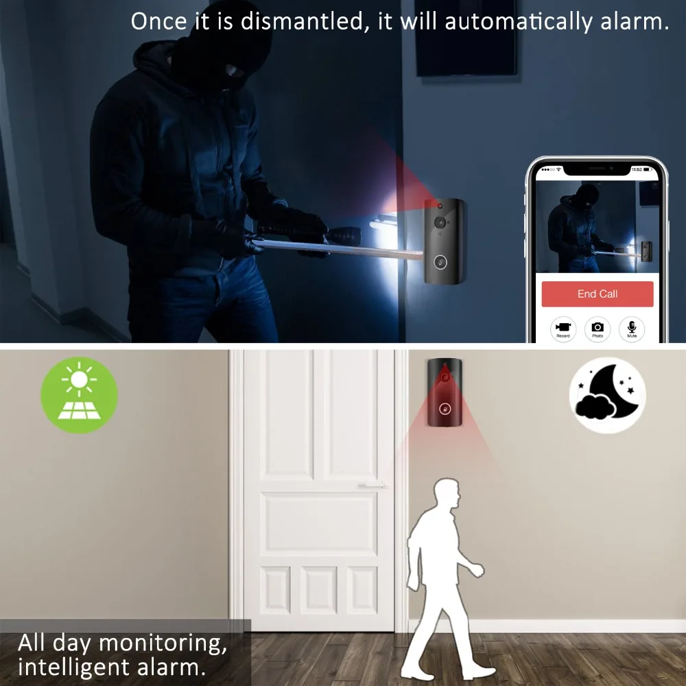 Видео дверной звонок, Wi-Fi Smart Беспроводной звонок с телефонной связью, домашняя камера безопасности в режиме реального времени видео и двухсторонний разговор, ночное видение