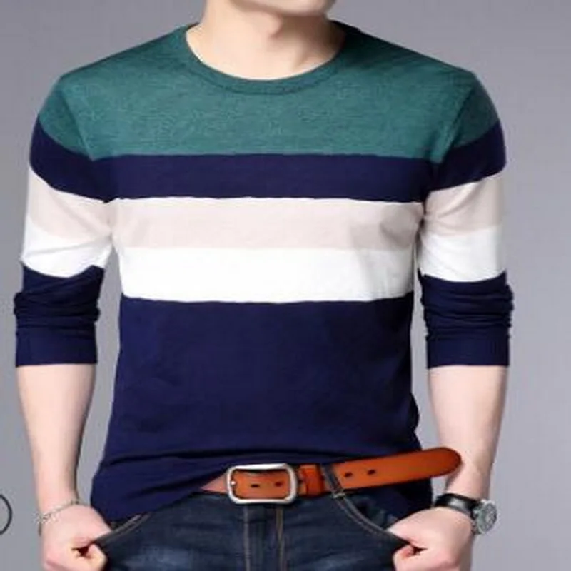 

2019 Men's thickened knit striped pattern pullover thin sweater striped men's warm sweater bottoming knit sweater