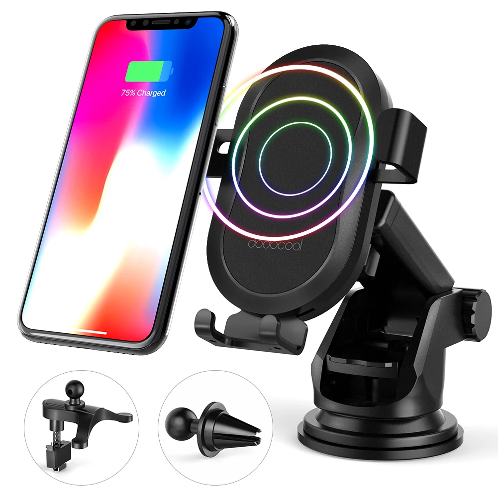

dodocool 10W Fast Charge Wireless Car Charger 3 in 1 Phone Holder with 2 Air Vent Mounts + Dashboard Windshield Suction Mount