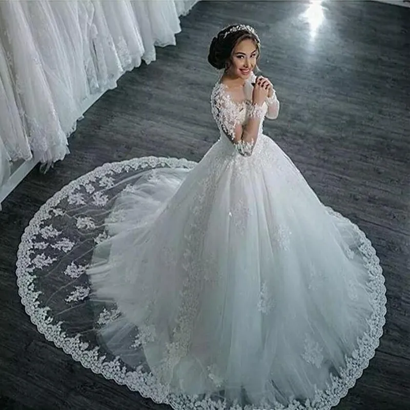 Vestidos De Noiva Lace Wedding Dresses 2016 Long Sleeve Boat Neck Button Appliques Ribbon Ball Gown Robe De Mariage Bridal Dress 3