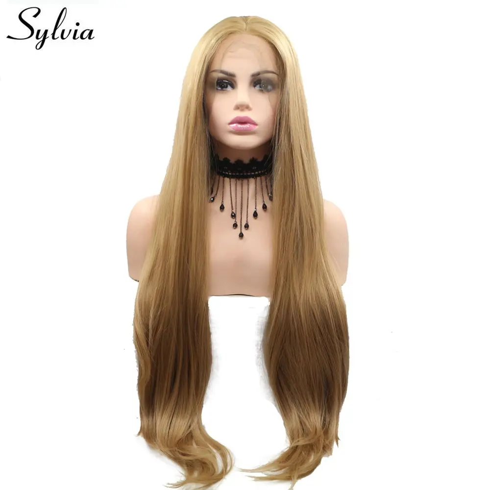 

Sylvia Long Silky Straight Hair Golden Blonde Synthetic Lace Front Wig Middle Part Heat Resistant Fiber Women Wig Half Hand Tied