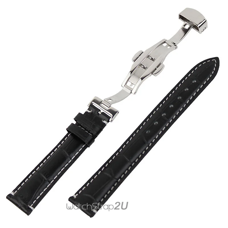Black Crocodile Grain Leather Silver Push Button Deployment Clasp Watch