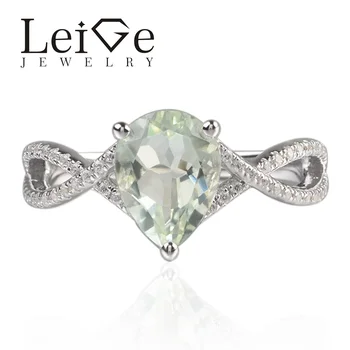 

Leige Jewelry Anniversary Rings Natural Green Amethyst Rings Pear Cut Gemstone Solid 925 Sterling Silver Bridal Ring for Women