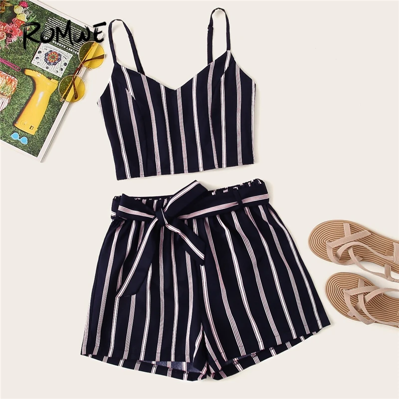 

ROMWE Navy Striped Shirred Back Cami Top With Belted Shorts Women Summer Spaghetti Strap Sleeveless Casual Two-Piece Co-ords