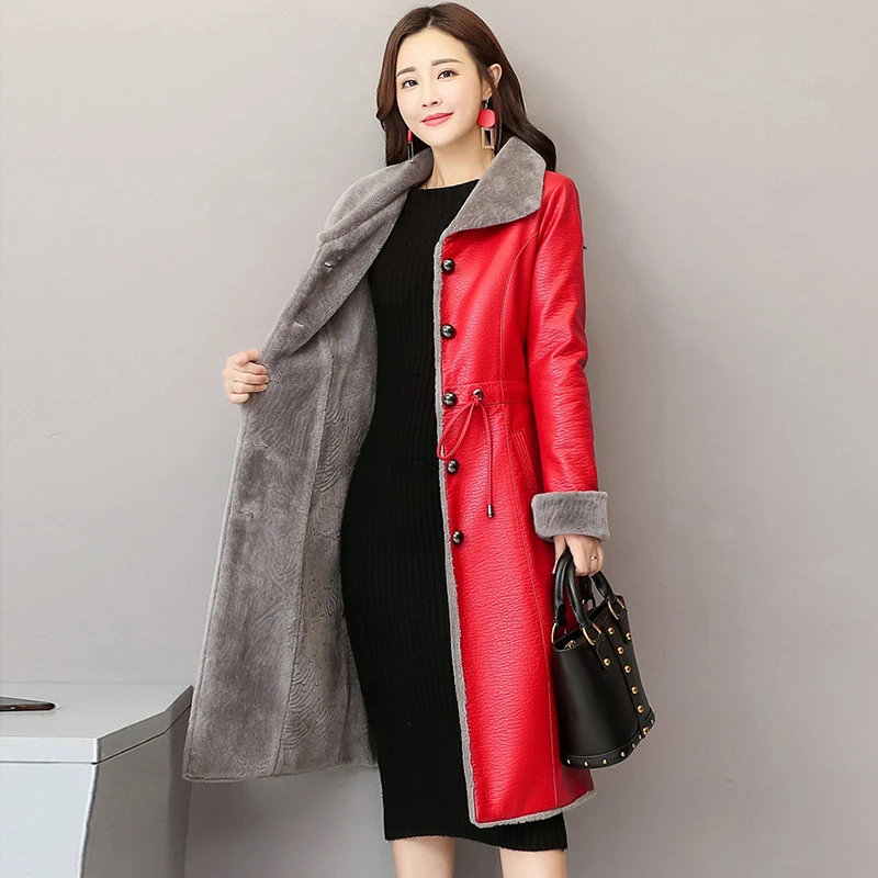 

2018 Winter New Long Leather Jackets Lamb Fur Plus Size Velvet Thick Coats Women Warm Leather Outerwear Fashion Elegant Parkas