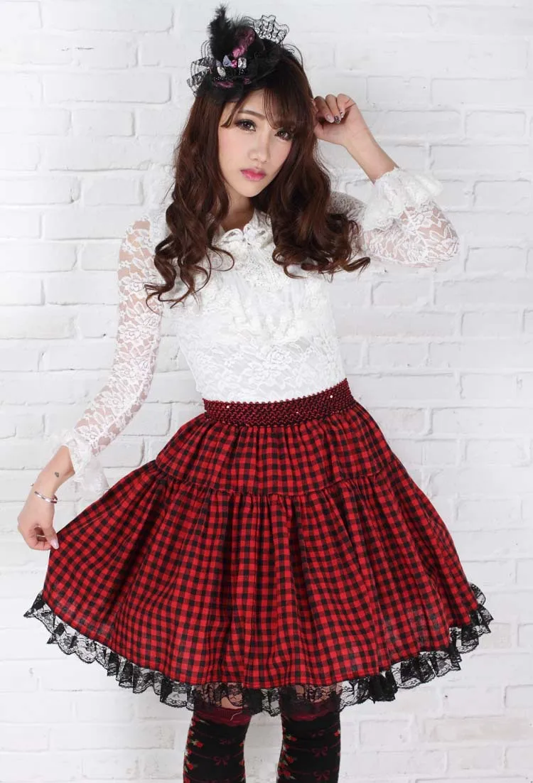 Women long skirts Red plaid Knee length skirts Girls Japanese Sweet