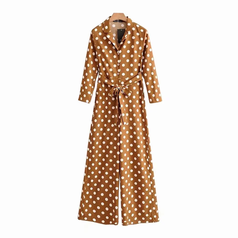 

women vintage polka dots printing bow tied sashes conjoined pants ladies high street chic jumpsuits casual siamese trousers P154