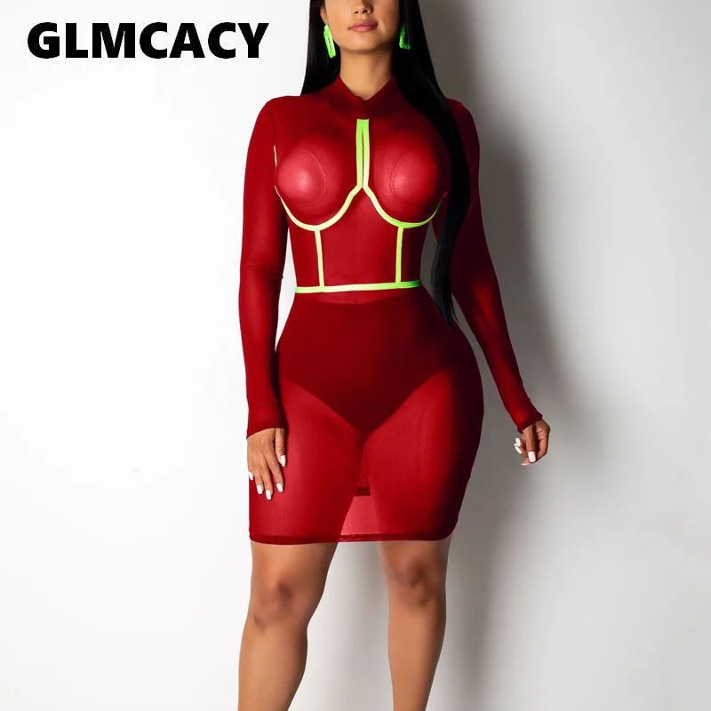 

Women Long Sleeve See Through Mesh Dress Sexy Night Club Party Dress Elegant Bodycon Mini Dress