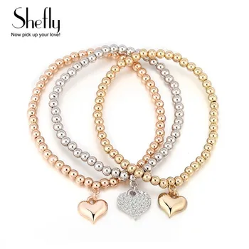 

Fashion Rhinestone Heart Crystal Charm Bracelets & Bangles Gold Silver Color Beads Pendants Women Ladies Bracelets 3Pcs/Set