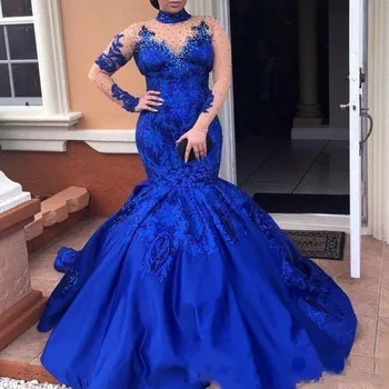 

Royal Blue Evening Dresses High Neck Long Sleeves Lace Appliques Evening Gowns Plus Size Satin Mermaid Formal Wear Elegant