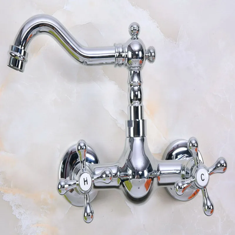 Polished Chrome Brass Wall Mounted Double Cross Handles Bathroom Kitchen Sink Faucet Mixer Tap Swivel Spout anf968