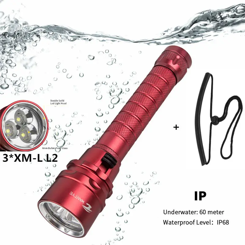 

WANTYE New 6000 Lumen XML-L2 LED Diving Flashlight Dive Torch Lantern Waterproof 60m Diver Flash Light Lamp Use 18650 battery