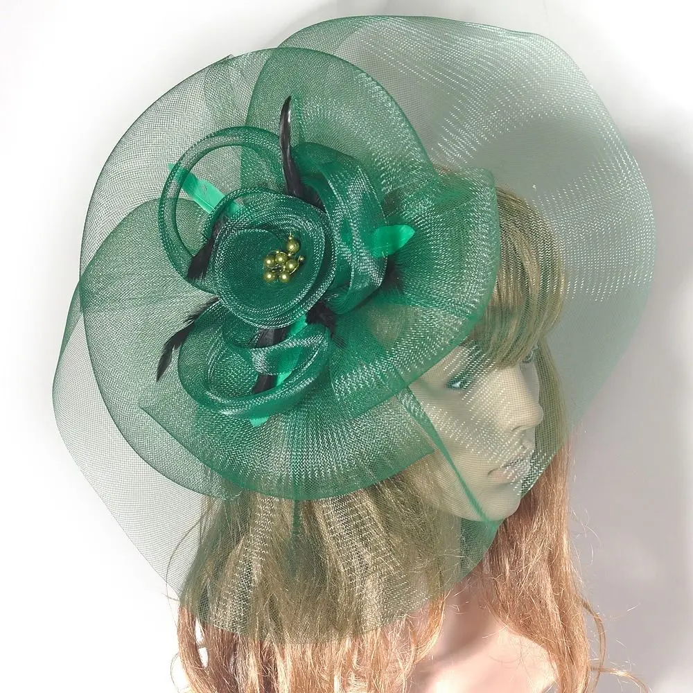 

Green Big Wedding Hat For Bride Gauze Bead Feather Fascinator Hair Clip For Women Tea Party Fancy SHow Ladies Flower Headdress